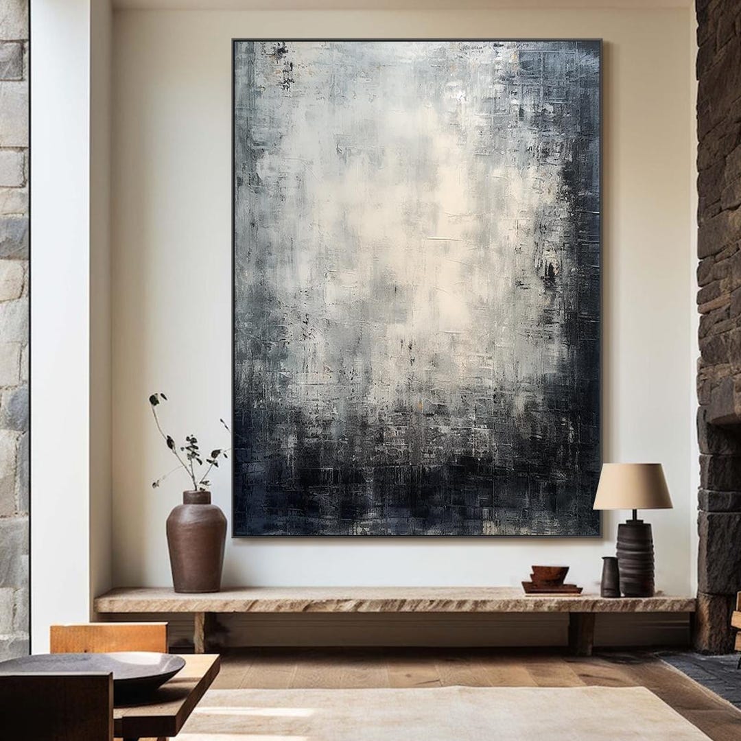 Large Grey and White Abstract Oil Painting, Black Minimalist Wall Art ...