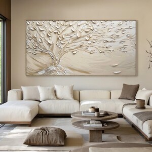 Peinture à l'huile minimaliste abstraite beige arbre de vie | Art abstrait beige | Art moderne beige texturé 3D, décoration de salon contemporaine