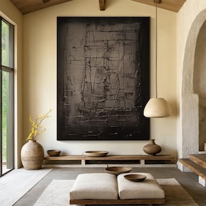 Grote zwarte getextureerde muurkunst, zwarte minimalistische schilderkunst, bruine wabi-sabi muurkunst, zwart handgemaakt schilderij, neutrale woonkamer wanddecoratie