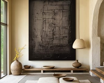 Large black textured wall art, black minimalist painting, brown wabi-sabi wall art, black handmade painting, neutral living room wall decor