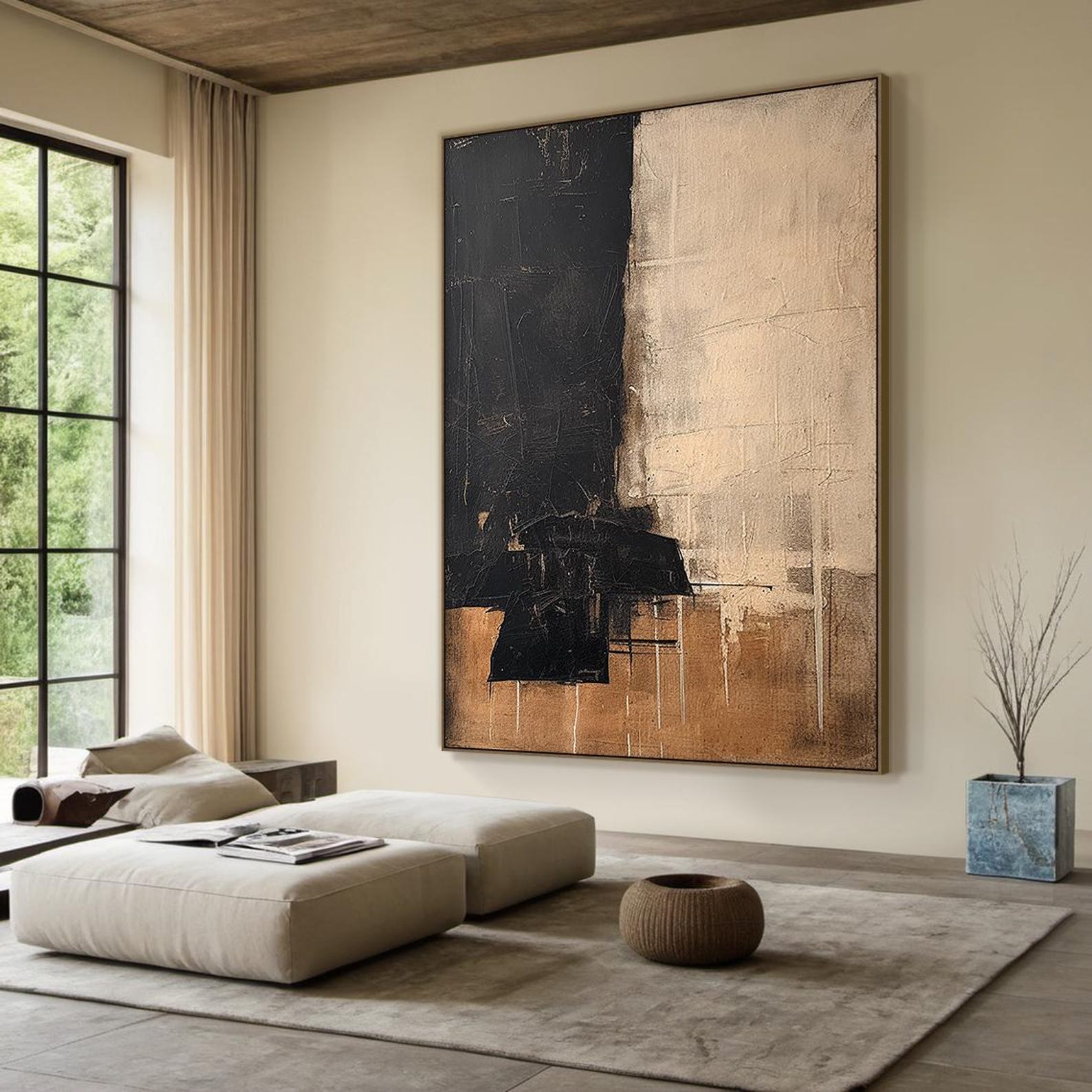 Large Black Abstract Minimalist Oil Painting | Beige Abstract Art ...