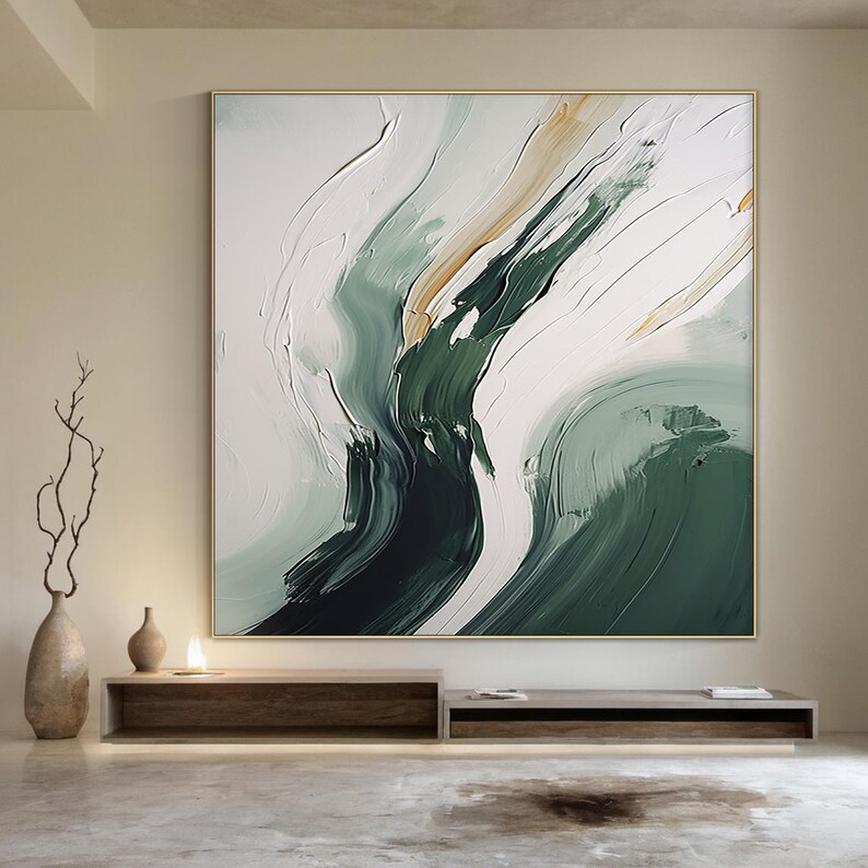 Green and White Abstract Painting, Green and White Simple Wall Art