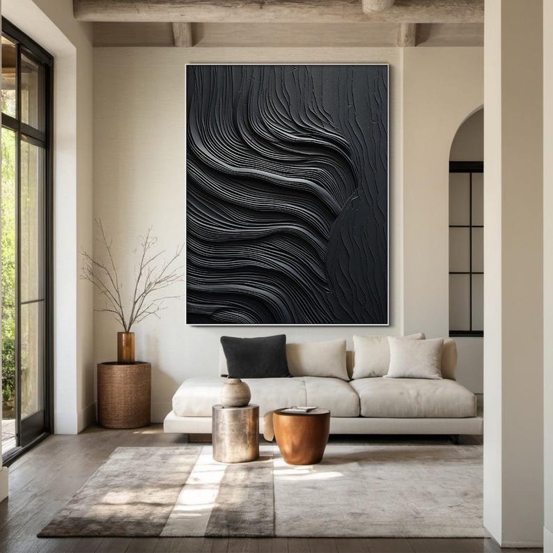 Hand-Painted Abstract Black Textured Wall Art – 24x24 Inches, Oil On Canvas, Modern Minimalist