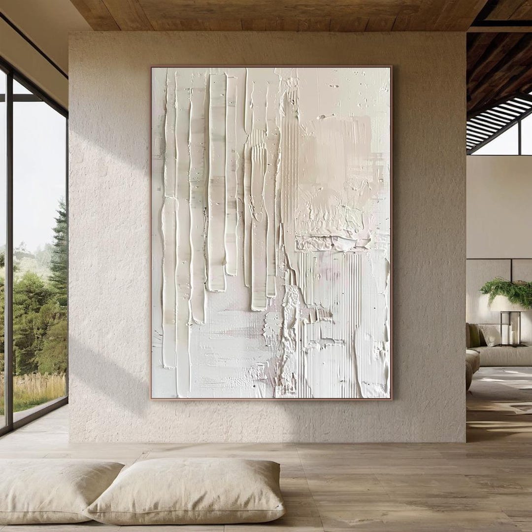 Minimalist White Textured Abstract Oil Painting - Large Neutral 3D ...