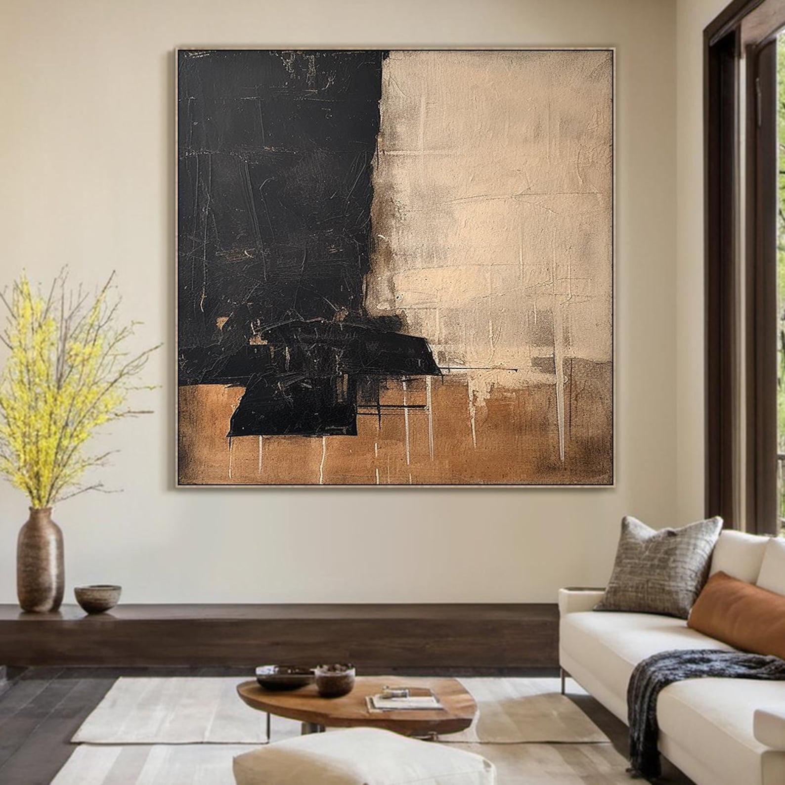 Large Black Abstract Minimalist Oil Painting | Beige Abstract Art ...