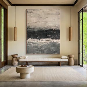 Large grey abstract painting, beige wabi-sabi minimalist wall art, black abstract art, contemporary art, modern apartment wall decor