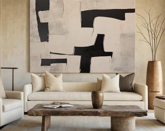 large beige textured canvas painting beige wabi-sabi wall painting black beige abstract painting neutral living room wall decor