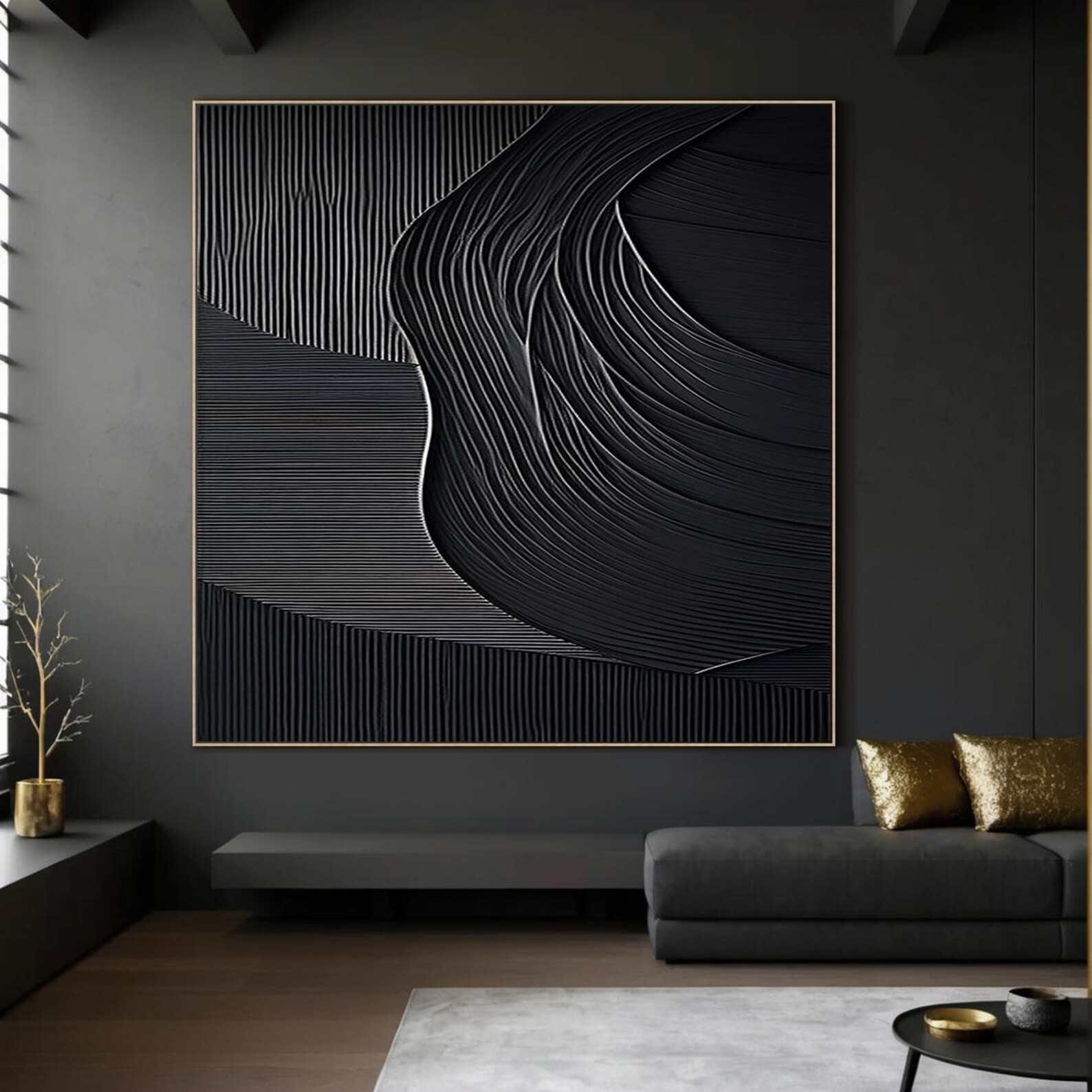 Pure Black Abstract Wall Painting, Large Black Minimalist Wall Art, Black Textured Abstract Art ...