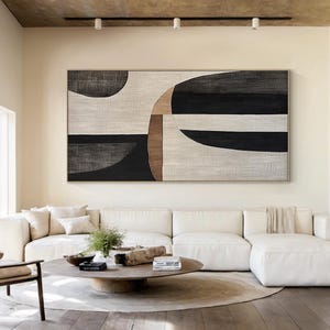 Black wabi-sabi wall painting art, grey and beige abstract oil painting, black textured handmade painting, large living room wall painting