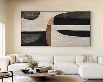Black wabi-sabi wall painting art, grey and beige abstract oil painting, black textured handmade painting, large living room wall painting