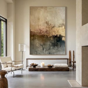 Neutral beige textured wall art, large abstract wabi-sabi canvas painting, modern minimalist grey living room decor, gold accent painting