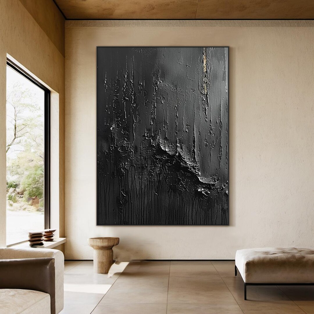 Large Black Textured Wall Art – Abstract 3D Painting on Canvas, Modern ...