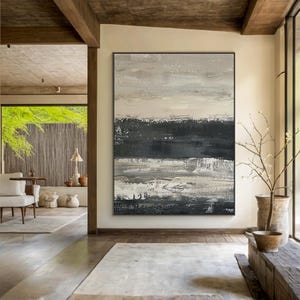 Gray abstract painting, black minimalist wabi-sabi wall painting, beige abstract art, medieval art, living room decor
