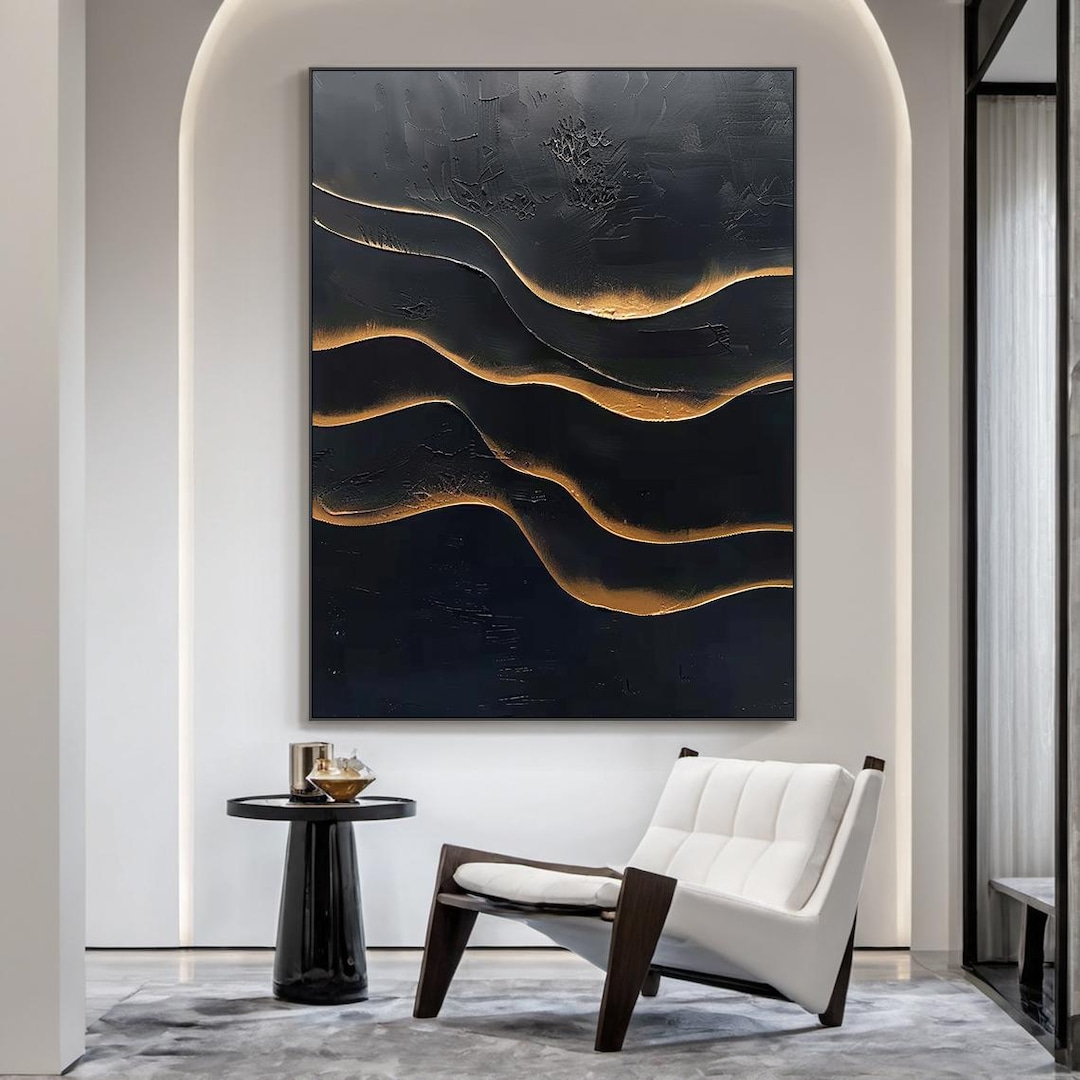Modern Black Gold Abstract Painting on Canvas, Large Wave Wall Art for ...