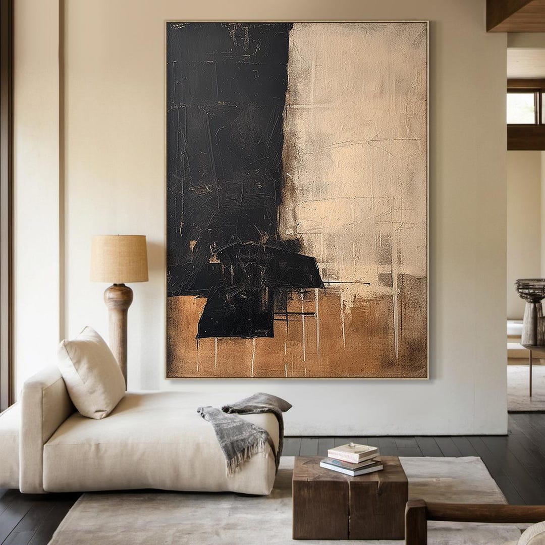 Large Black Abstract Minimalist Oil Painting | Beige Abstract Art ...