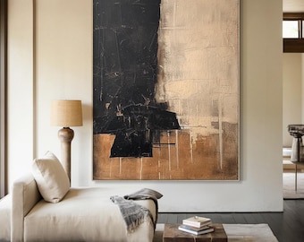 Large black abstract minimalist oil painting | beige abstract art | brown textured modern art, contemporary living room decor