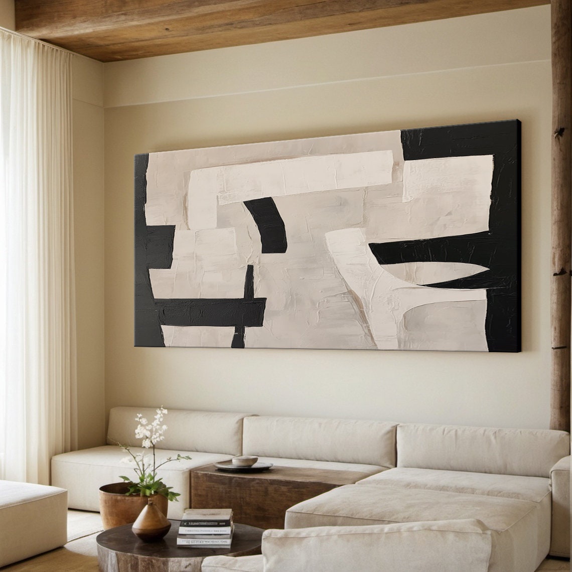 Beige Wabi Sabi Wall Art Black Beige Abstract Painting Large Black ...
