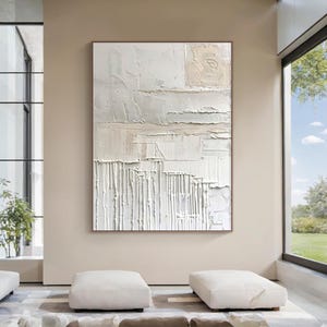 Large White Textured Wall Art – Minimalist Abstract Canvas Painting with Cream 3D Layers, Modern Wabi Sabi Artwork for Living Room Decor