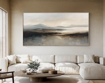 Abstract Mountain Landscape Oil Painting - Large Neutral Textured Canvas Wall Art - Modern Handmade Impasto Artwork for Living Room Decor