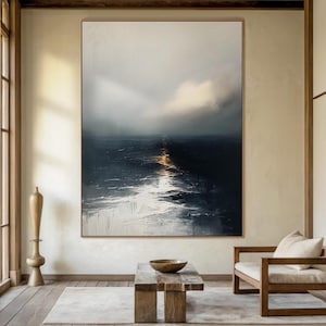 Large black canvas abstract painting, grey wabi-sabi minimalist wall art, white abstract art, modern apartment wall decor