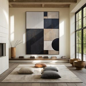 Large original beige abstract painting, black minimalist wabi-sabi wall decor, white textured abstract art, modern home decor