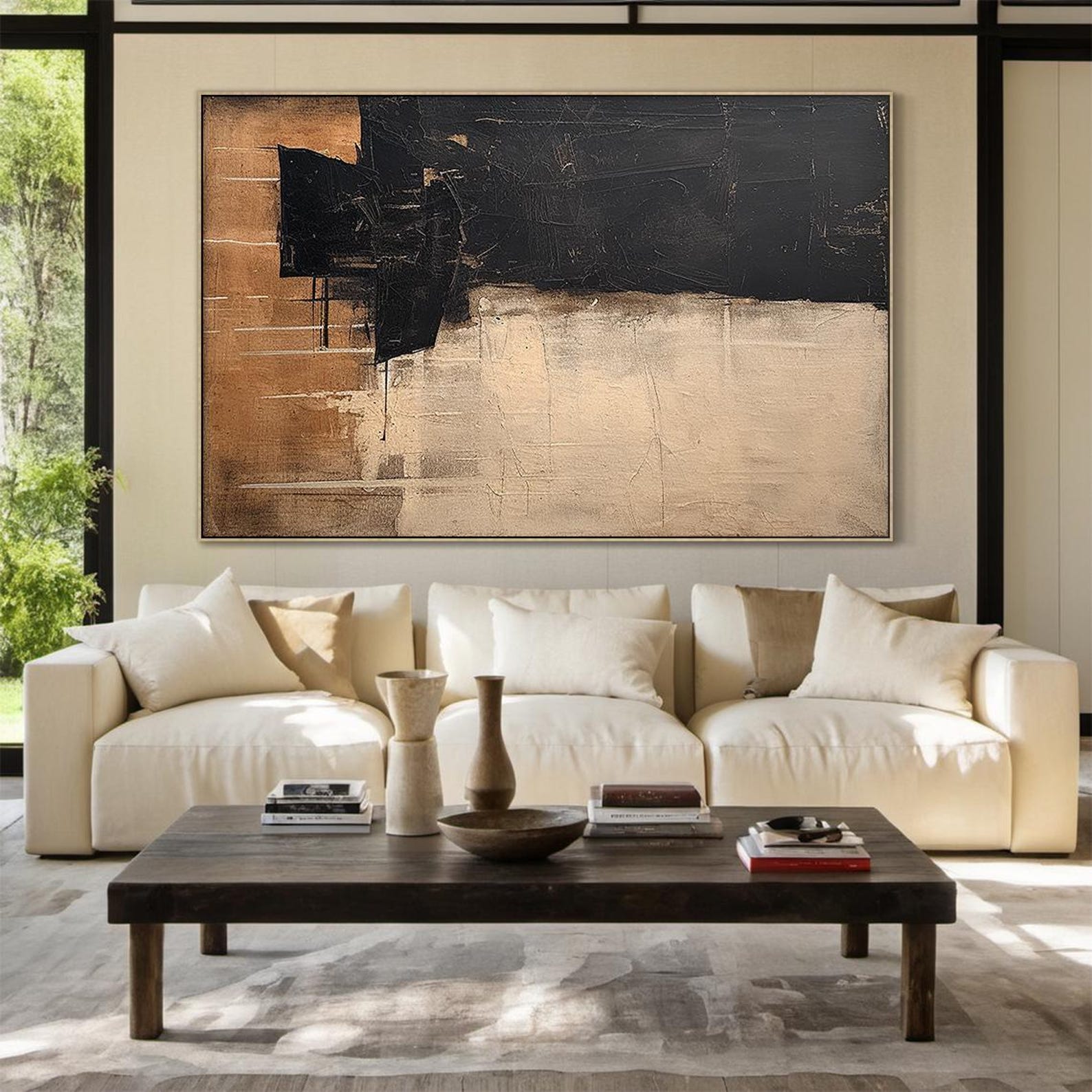 Large Black Abstract Minimalist Oil Painting | Beige Abstract Art ...