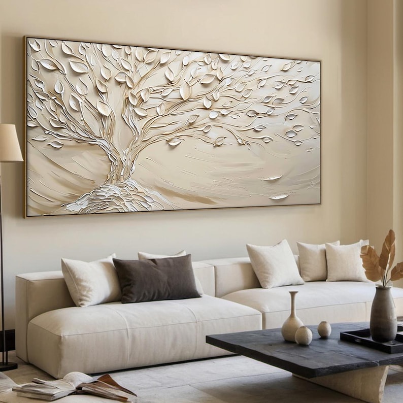 Beige Tree of Life Abstract Minimalist Oil Painting | Beige Abstract ...