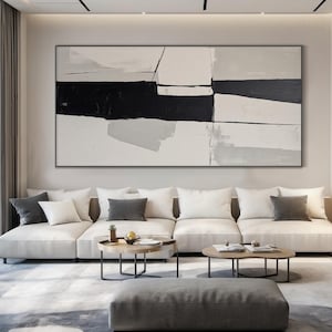 Black wabi-sabi wall art, gray and white abstract canvas oil painting, black textured handmade painting, large wall art