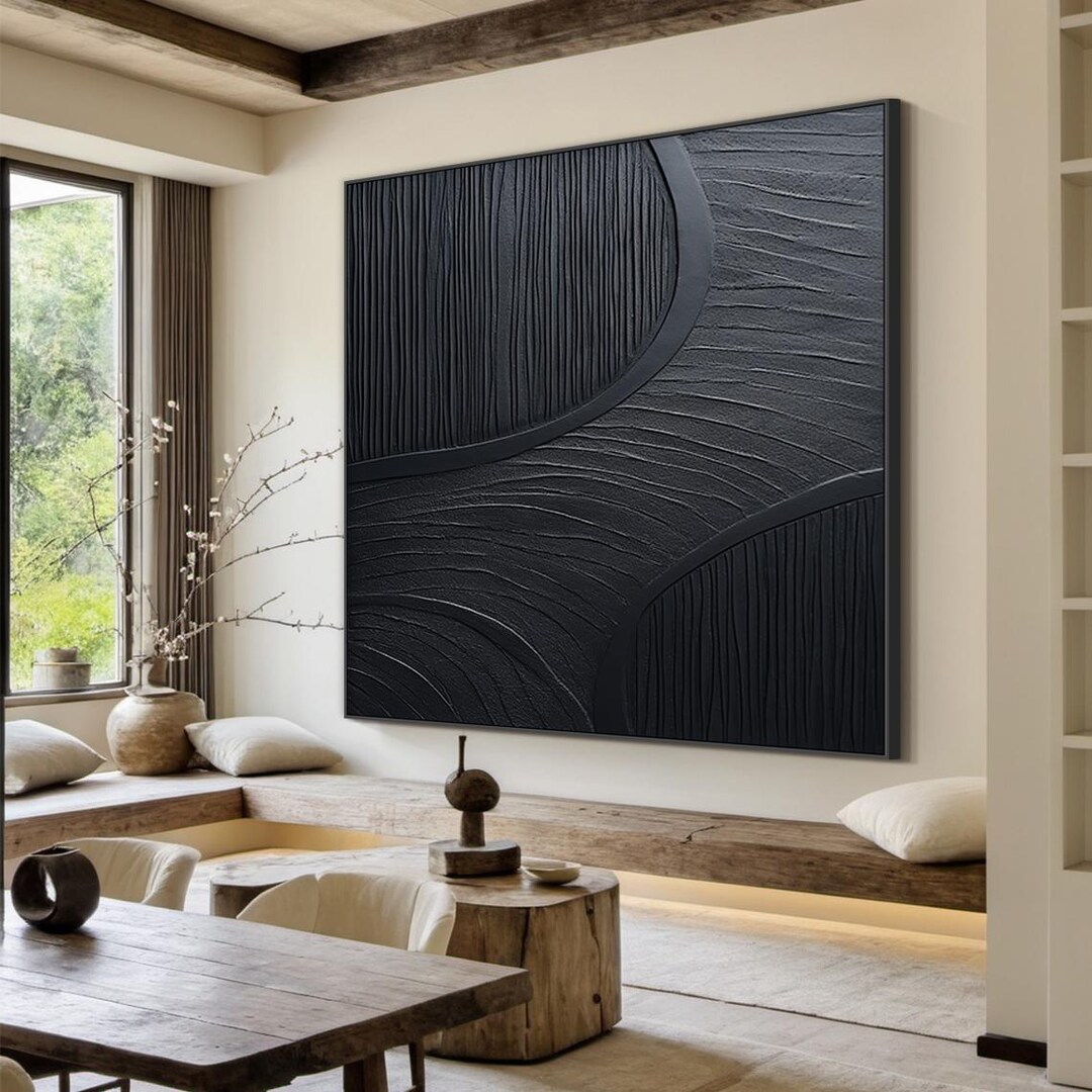 Black Abstract Oil Painting on Canvas, Large Black Wall Art, Wabi-sabi ...
