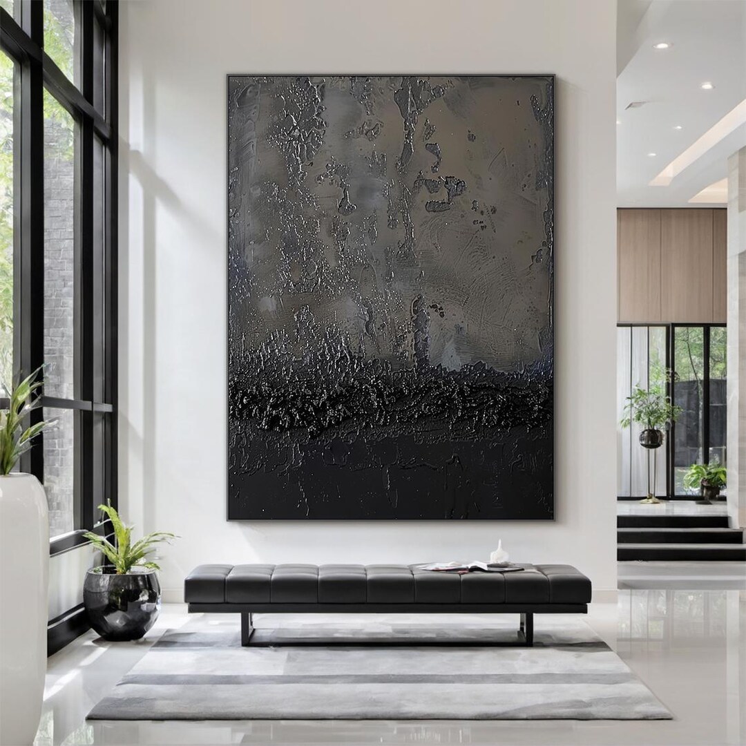 Large Black and Gray Textured Abstract Painting – Modern Minimalist 3D ...