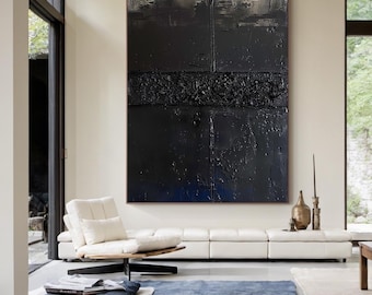 Groot zwart getextureerd abstract schilderij, moderne donkere minimalistische muurkunst op canvas voor woonkamer- of kantoorinrichting