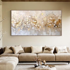 Gold White Abstract Wall Art, Horizontal Textured Painting for Living Room, Modern Hand Painted Neutral Canvas, Luxury Minimalist Decor