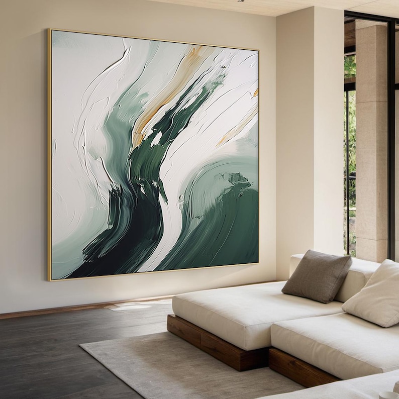 Green and White Abstract Painting, Green and White Simple Wall Art