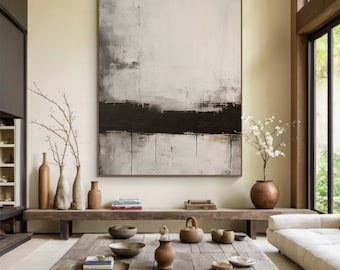 Arte de parede em tela extragrande, pintura a óleo abstrata bege e preta, pintura acrílica original sobre tela, arte minimalista moderna para quarto