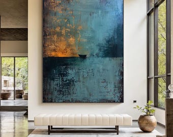 Large blue abstract painting, blue textured wall art, modern living room decoration