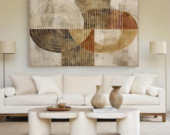 Gold Brown Geometric Abstract Canvas, Modern Textured Painting for Living Room Wall Decor