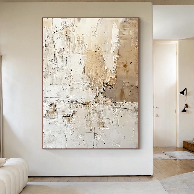 Large Neutral Beige Abstract Painting, Minimalist 3D Texture Canvas ...
