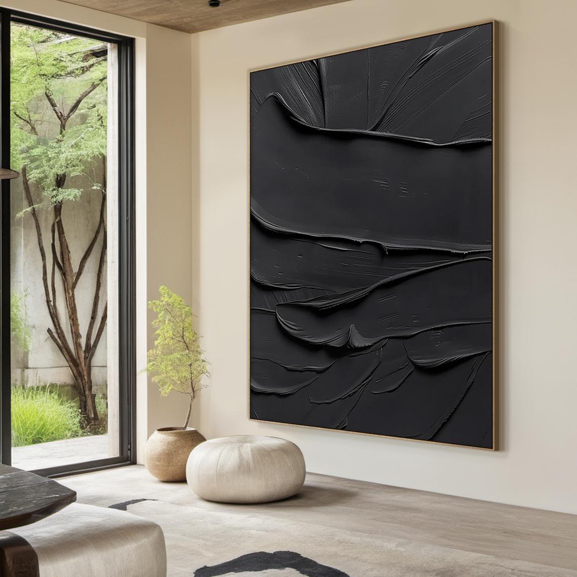 Modern Black Abstract Oil Painting Art, Black 3D Texture Wall Art ...