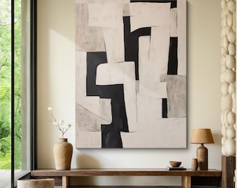 Beige textured canvas painting Beige wabi-sabi wall painting Black beige abstract painting Large modern living room decor