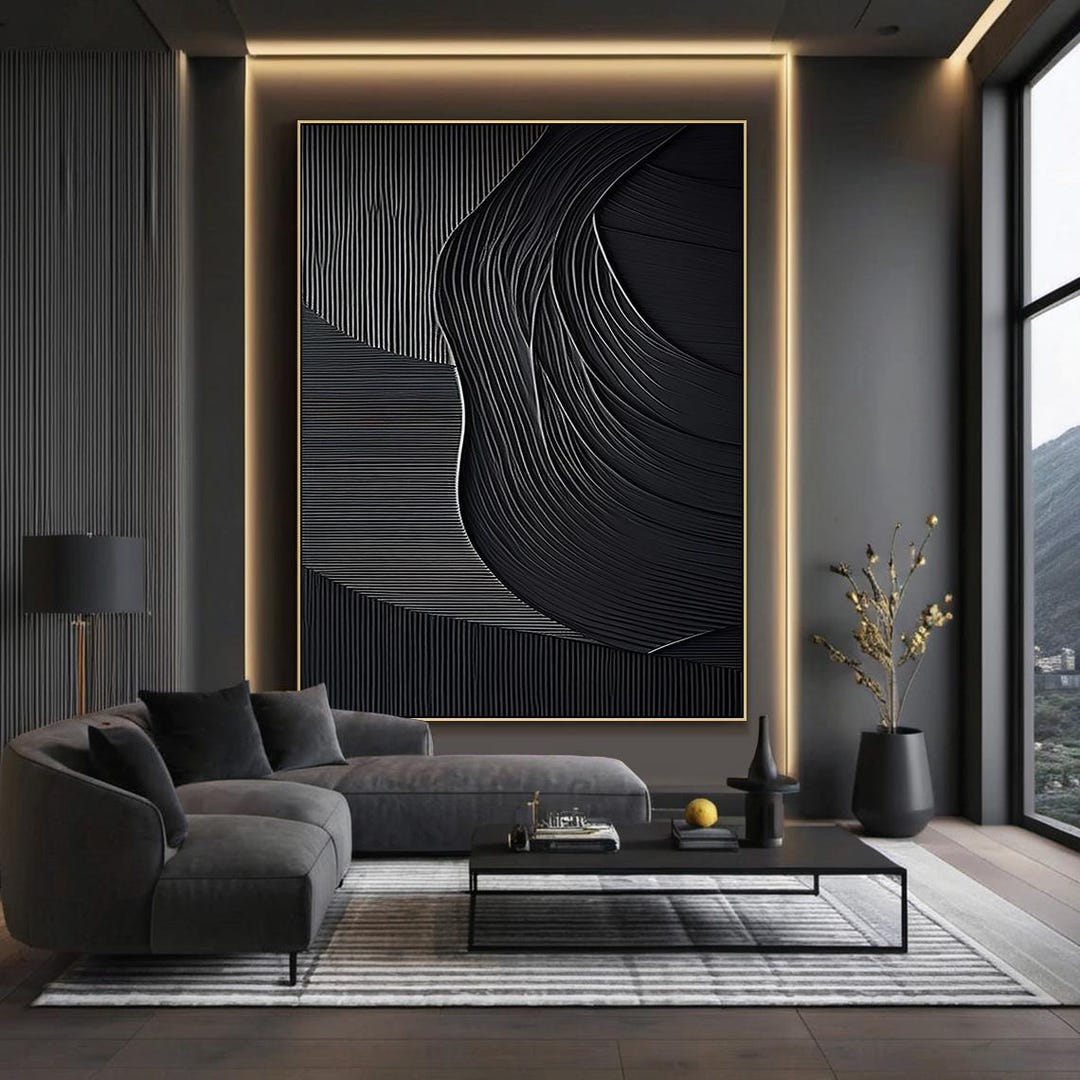 Pure Black Abstract Wall Painting, Large Black Minimalist Wall Art ...