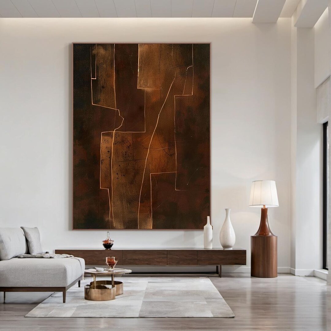 Brown Abstract Wall Art, Large Dark Canvas Painting, Modern Minimalist ...