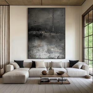 Black abstract painting, gray and white minimalist wall art, black textured canvas painting, black wabi-sabi wall painting, home decor