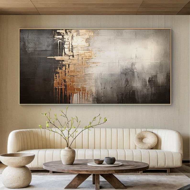 Extra Large Canvas Wall Art, Beige and Black Abstract Oil Painting ...
