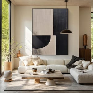 Large beige canvas abstract painting, black minimalist wabi-sabi wall decoration, beige textured abstract art, modern home decor