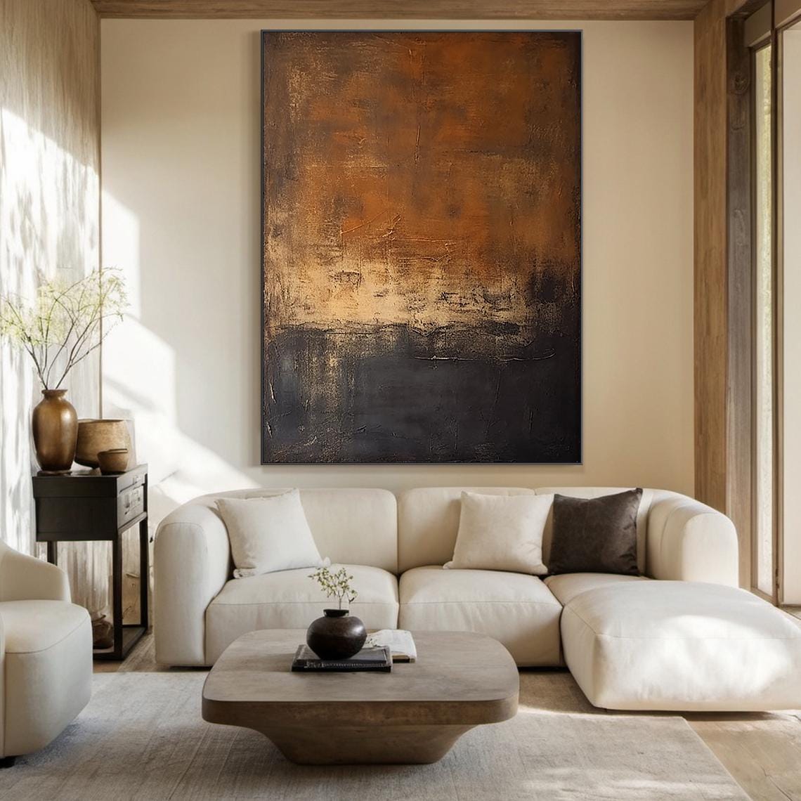 Brown canvas abstract painting, black minimalist wall painting, modern home wall painting, black texture art, large original hand painted