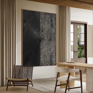 Großes schwarzes abstraktes Leinwandbild, Wabi-Sabi Wandbild, abstraktes schwarzes Gemälde, Goldverzierung, moderne Wanddekoration