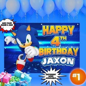May include: A blue and yellow Sonic the Hedgehog birthday banner with the text "Happy 4th Birthday Jaxon". The banner features a cartoon image of Sonic the Hedgehog running. The banner is decorated with blue and yellow stripes and stars. The banner is available in different sizes.