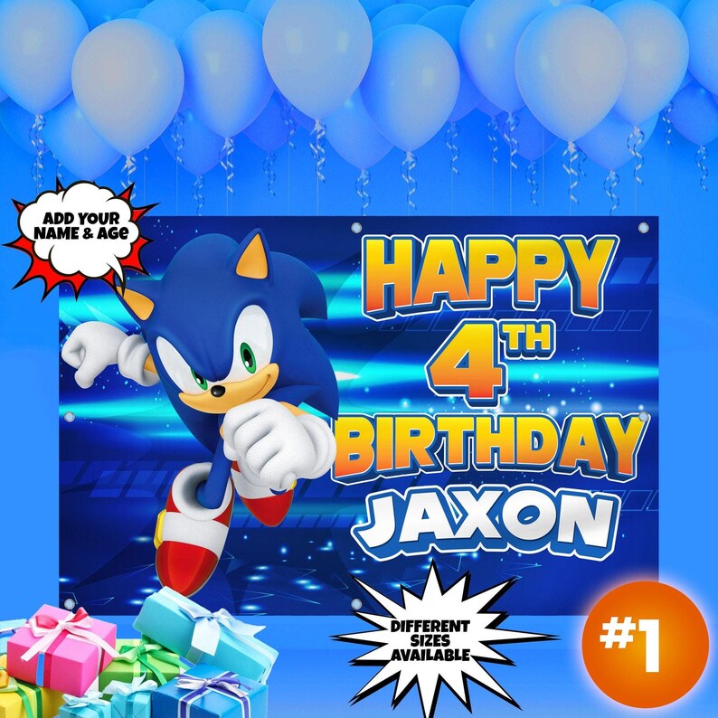 May include: A blue and yellow Sonic the Hedgehog birthday banner with the text "Happy 4th Birthday Jaxon". The banner features a cartoon image of Sonic the Hedgehog running. The banner is decorated with blue and yellow stripes and stars. The banner is available in different sizes.
