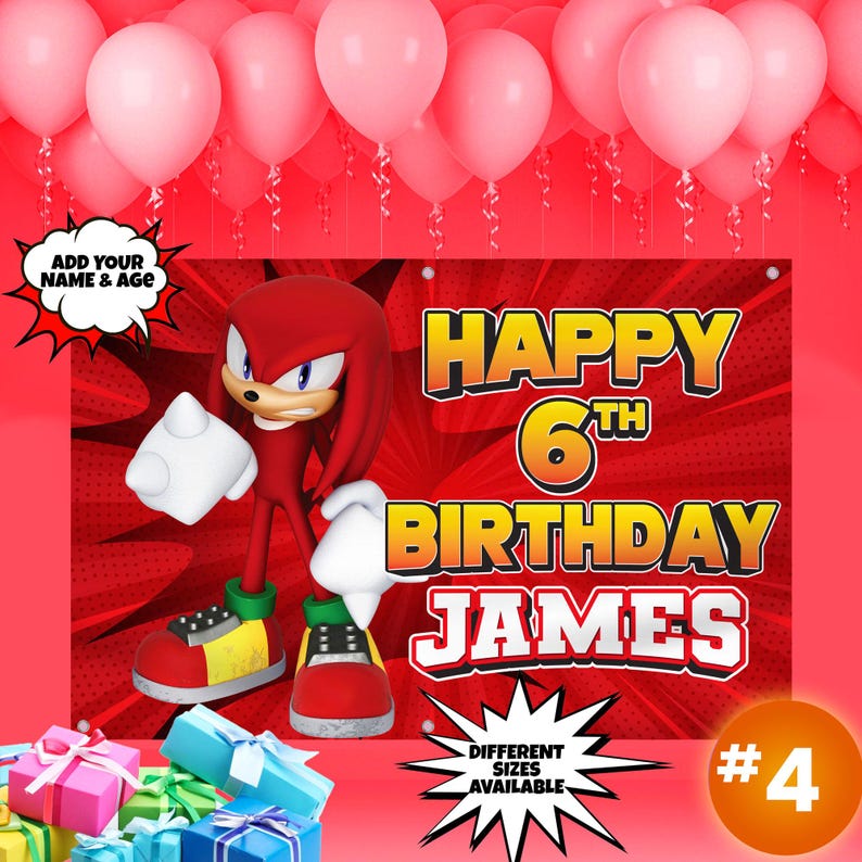 May include: Red and yellow birthday banner featuring a cartoon character, Sonic the Hedgehog, with the text "Happy 6th Birthday James".