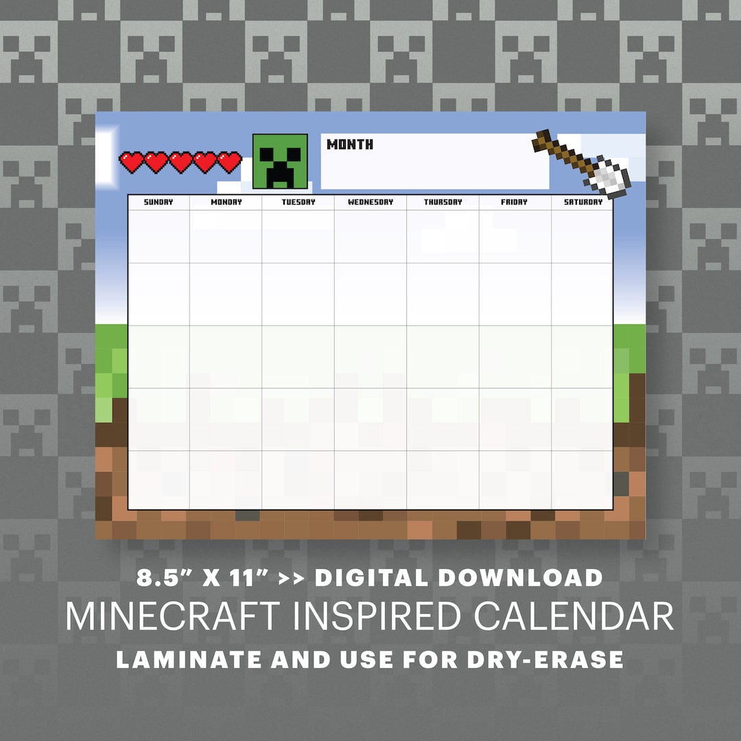 printable-minecraft-theme-blank-month-view-calendar-8-5-x-11-page-full-bleed-laminate-for-reusable-dry-erase-calendar-digital-download-etsy